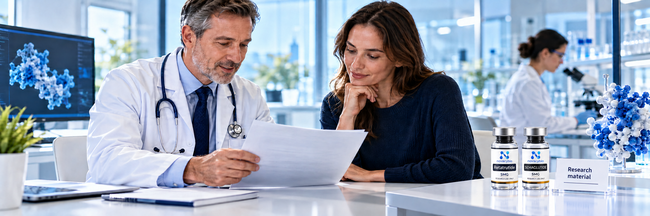 Separate NovaCyBio Retatrutide 5MG and Semaglutide 5MG research vials beside a clinical-trial discussion.