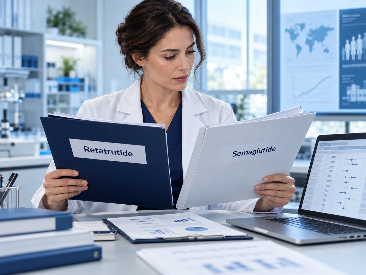 A researcher comparing retatrutide and semaglutide trial documentation.