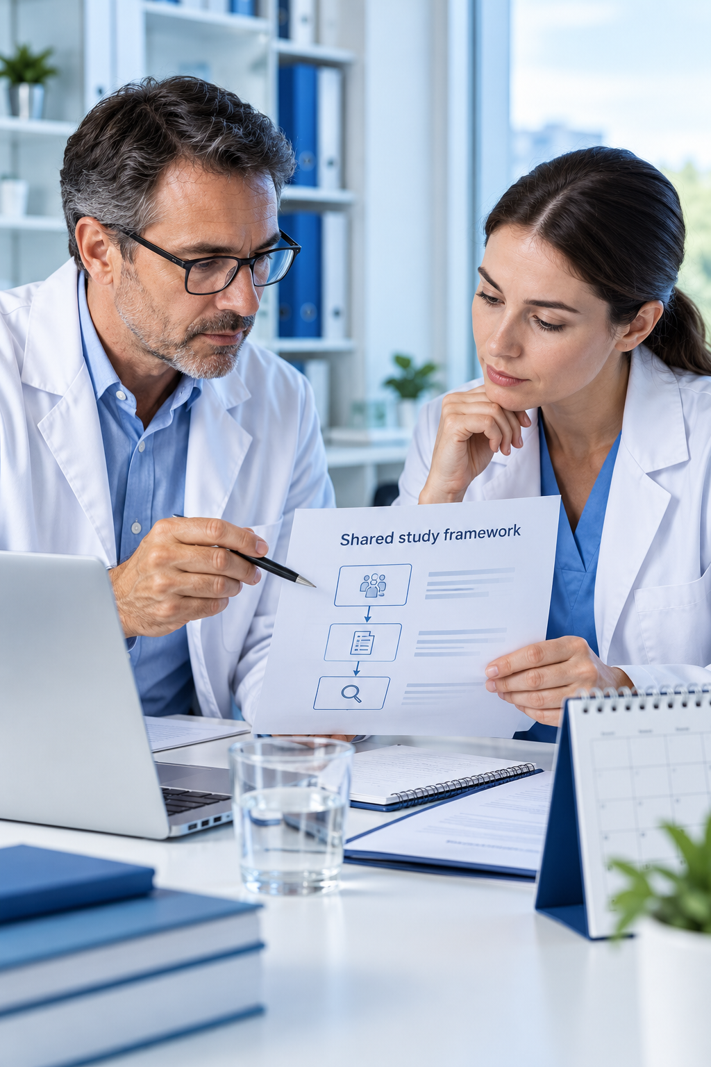 Researchers examining a shared clinical study framework.