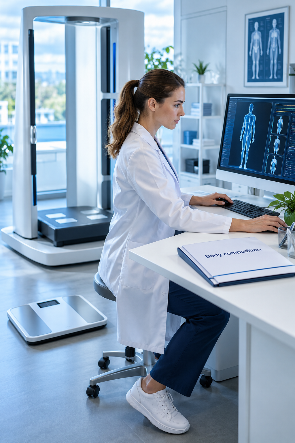 Body-composition research equipment and a scale as distinct measurements.