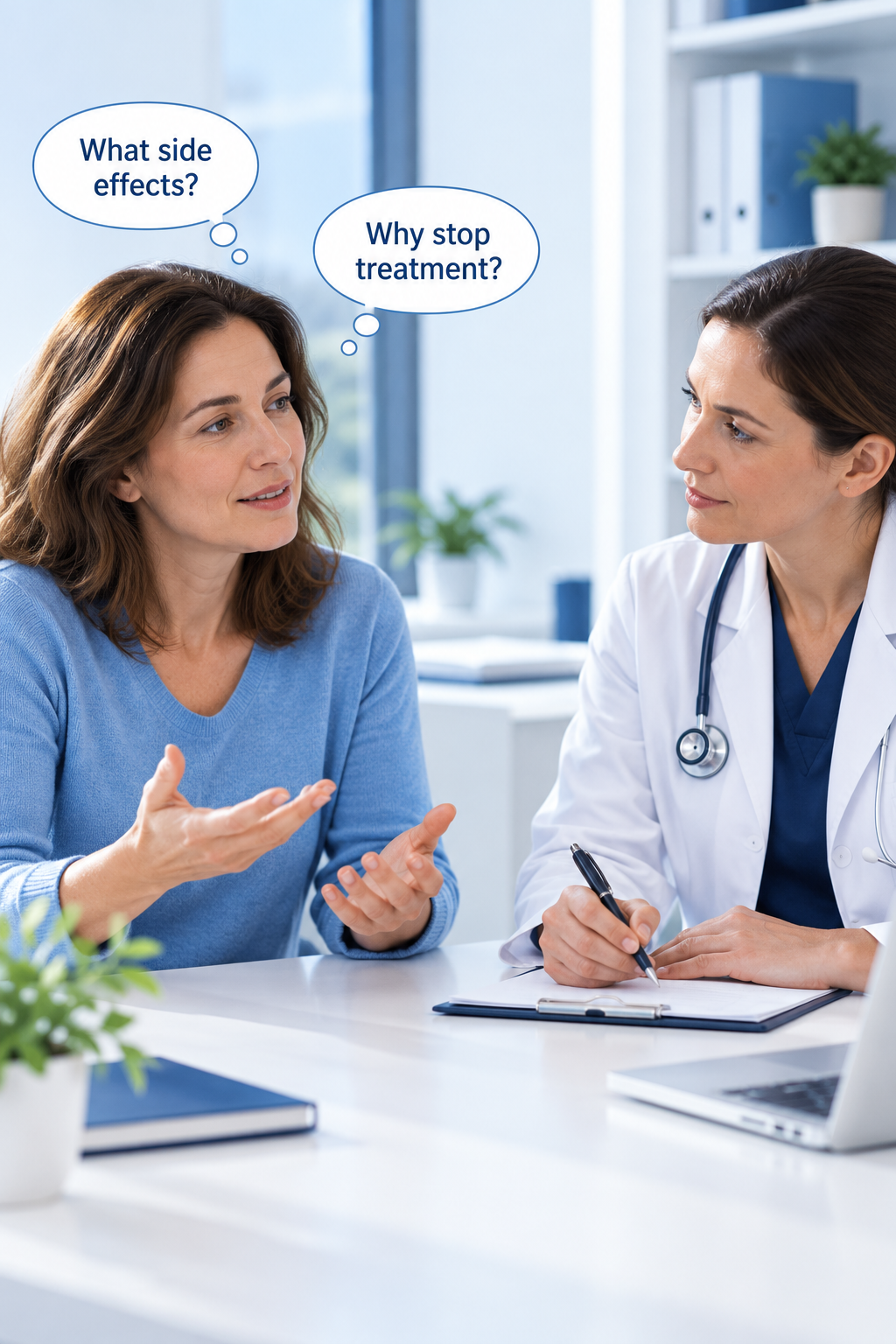 A patient asking about side effects and treatment discontinuation.