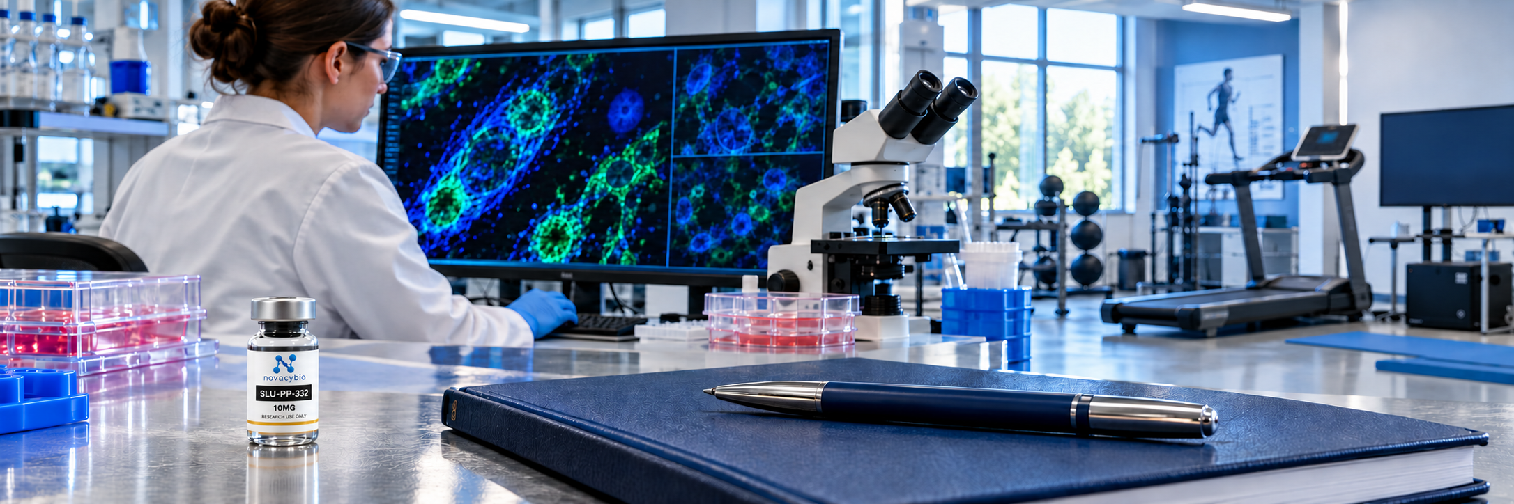 A small SLU-PP-332 10MG research vial in a metabolism laboratory with a separate treadmill research setting.