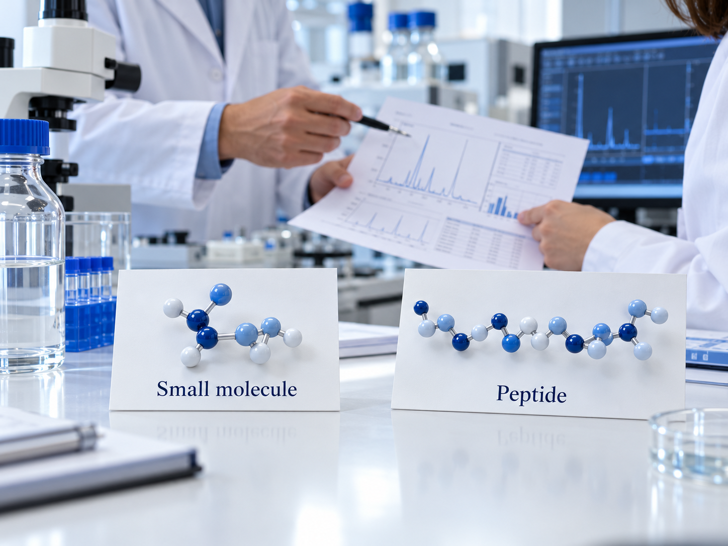 Conceptual distinction between a small molecule and a peptide, without a literal chemical structure.