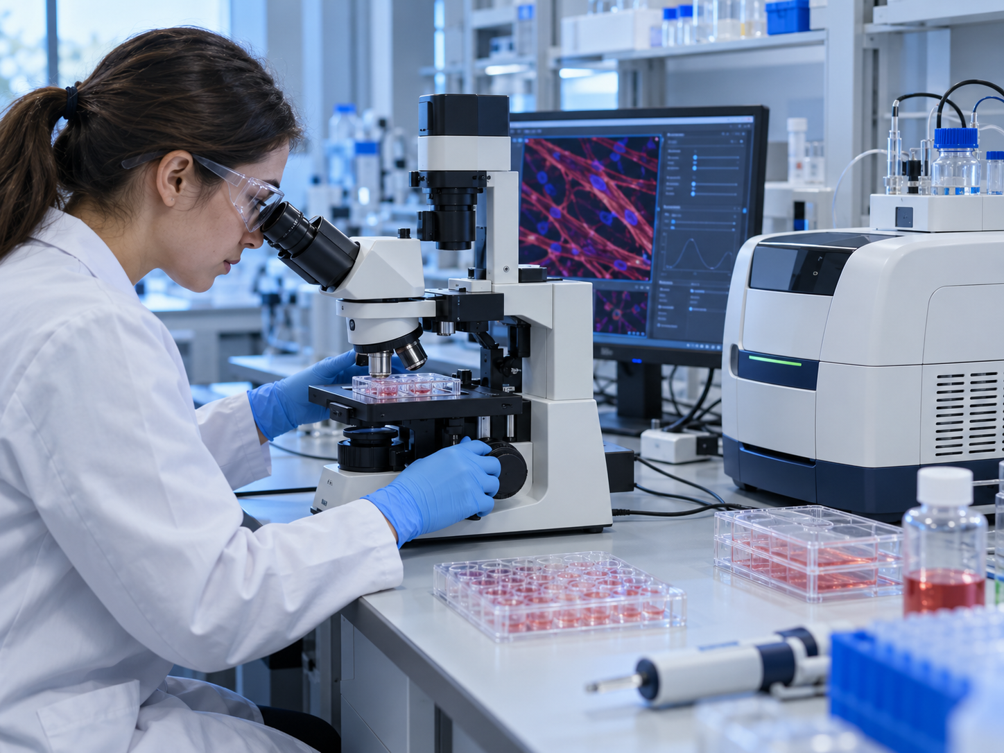 A scientist reviewing muscle-cell culture and laboratory measurements.