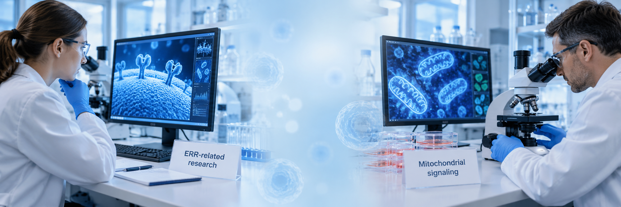 ERR-related and mitochondrial-signaling research shown as separate approaches.