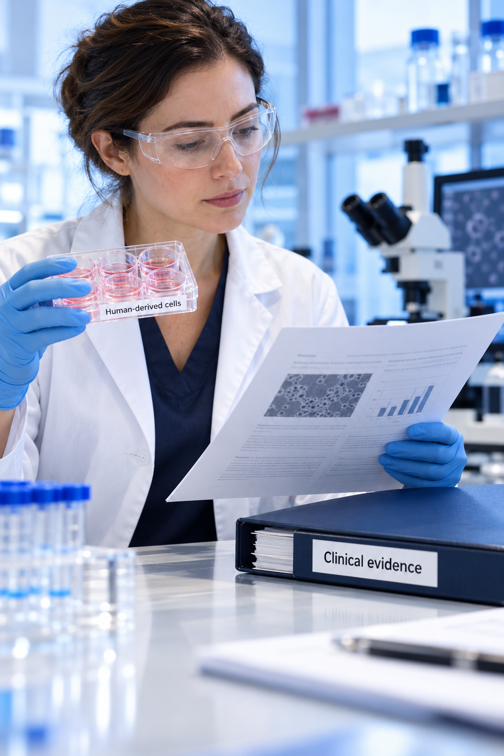 A researcher evaluating human-derived cells and the distinction from clinical evidence.