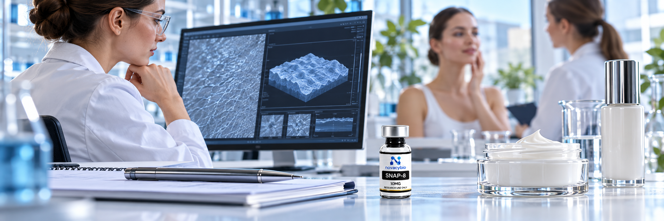 A small NovaCyBio SNAP-8 10MG research vial in a cosmetics development laboratory with separate skincare samples.