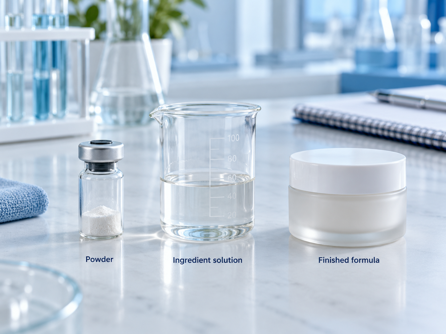 Distinct powder, ingredient solution and finished cosmetic formula samples.