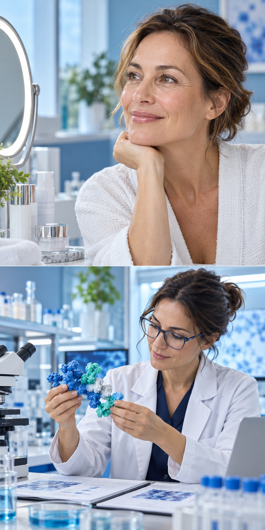 A woman with natural expression lines and a cosmetic scientist reviewing research.