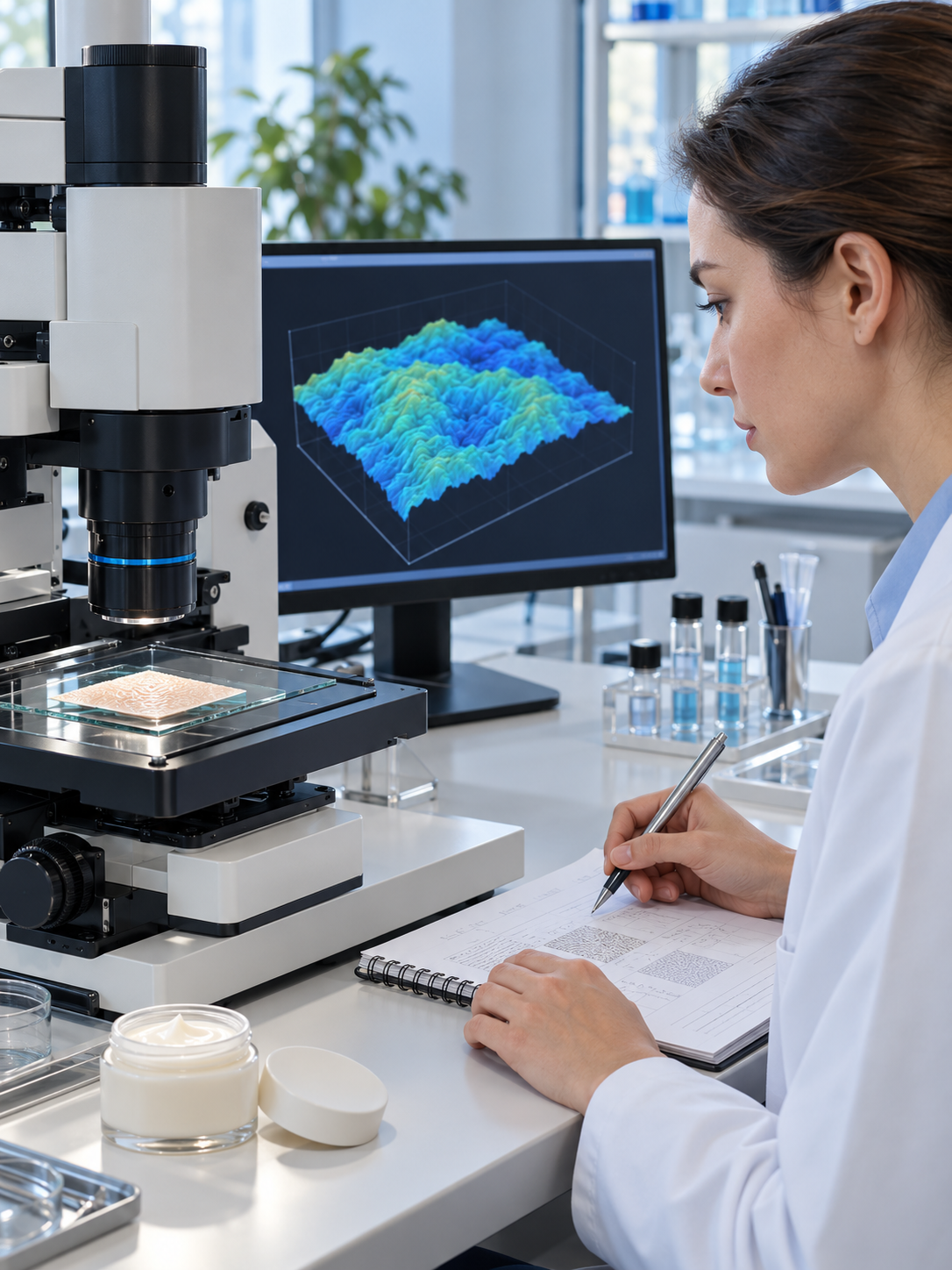 Illustrative optical measurement of a silicone skin-surface replica in a cosmetics laboratory.