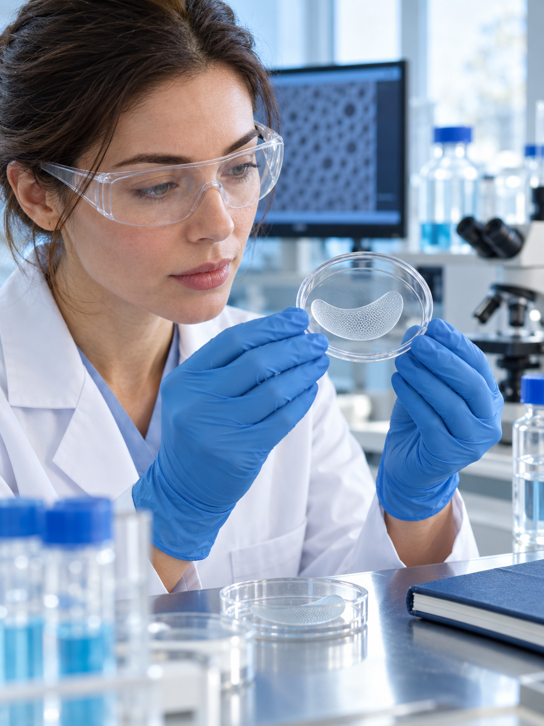 A formulated patch sample being inspected in a laboratory, without application to skin.