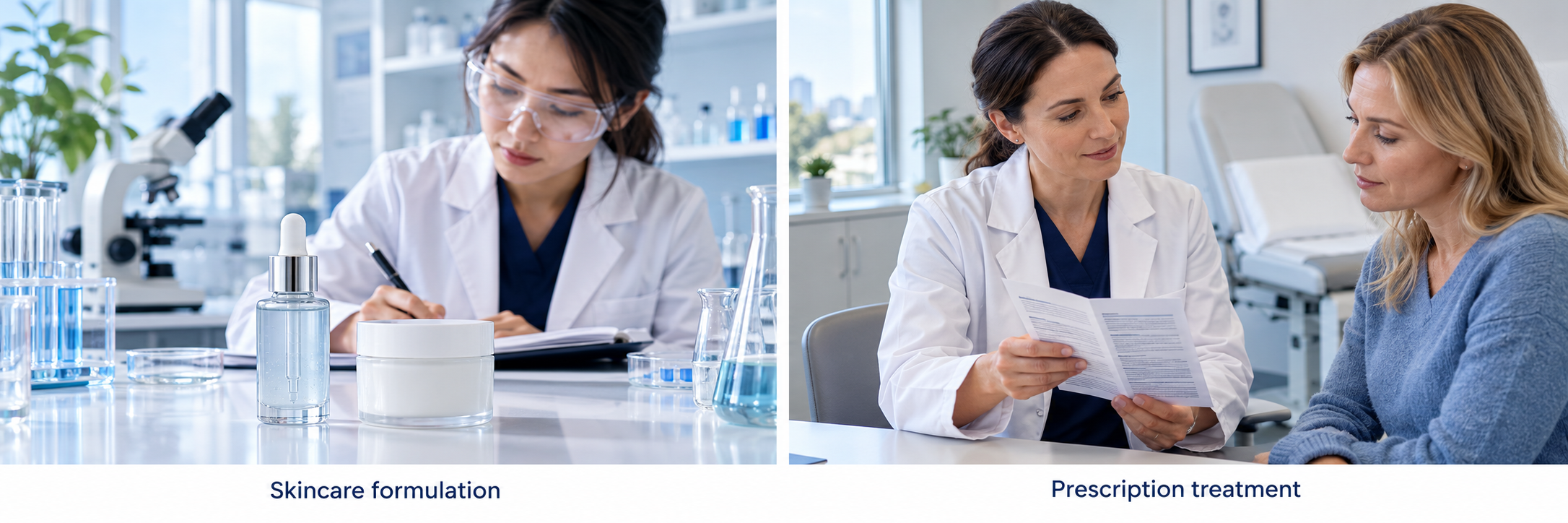 Separate skincare formulation and prescription consultation scenes, without a claim of equivalent results.