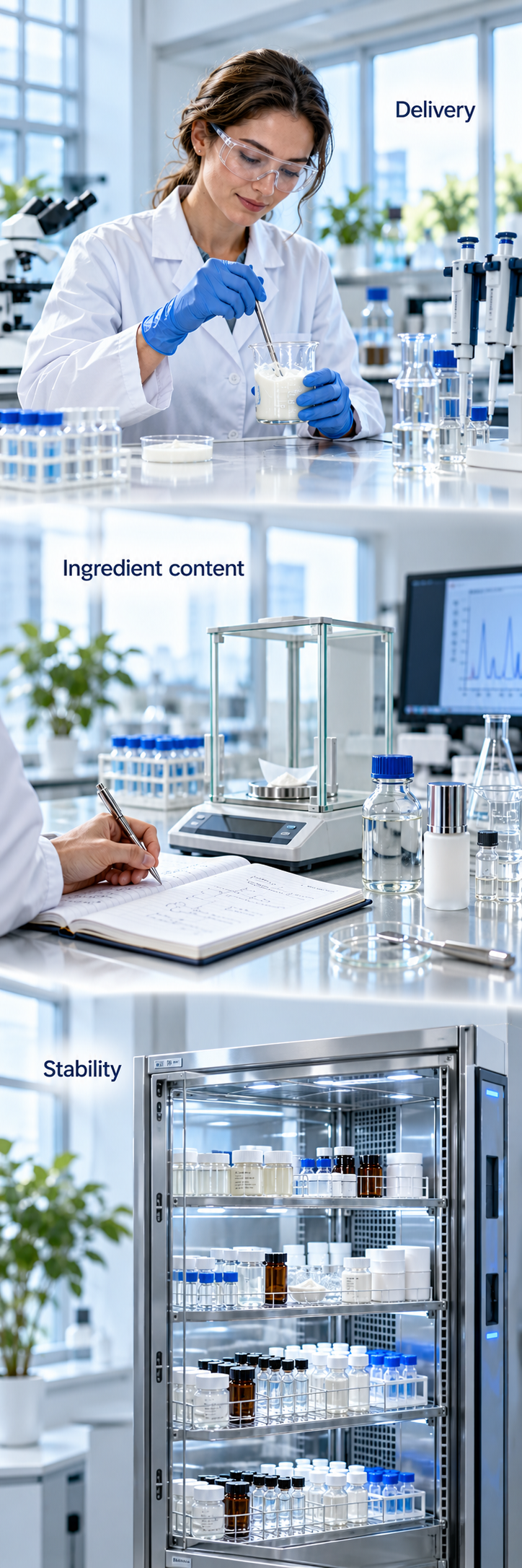 Cosmetic formulation development, ingredient-content documentation and stability samples arranged vertically.