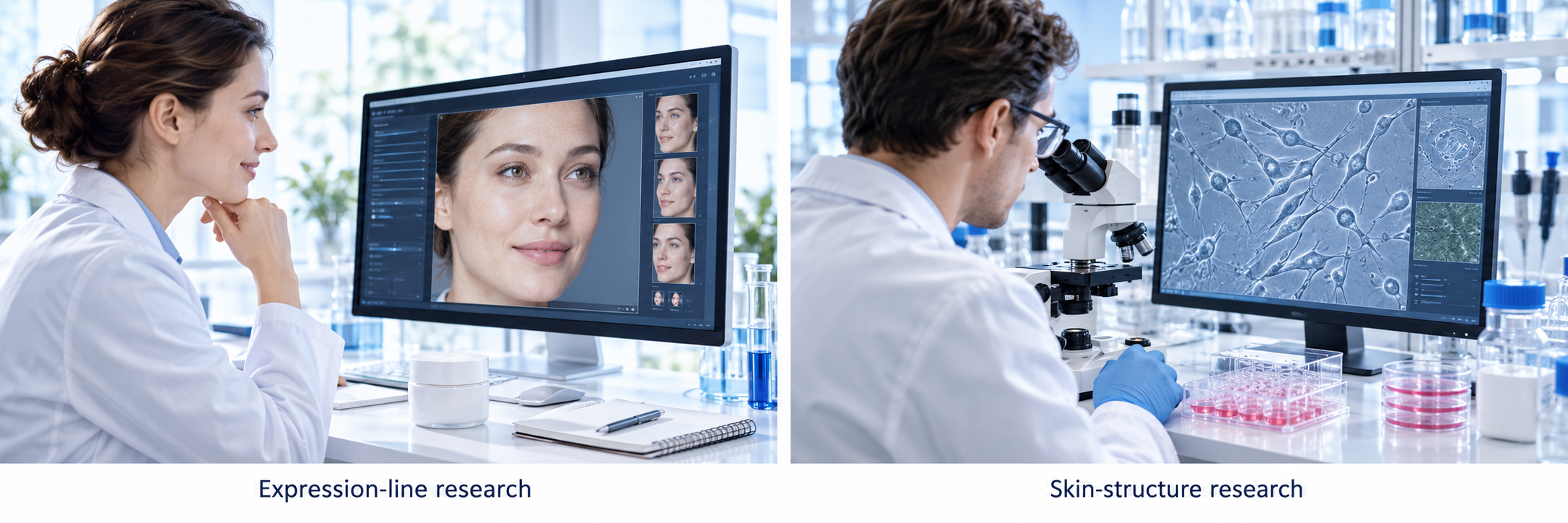 Expression-line research and skin-structure cell research shown as separate research interests.