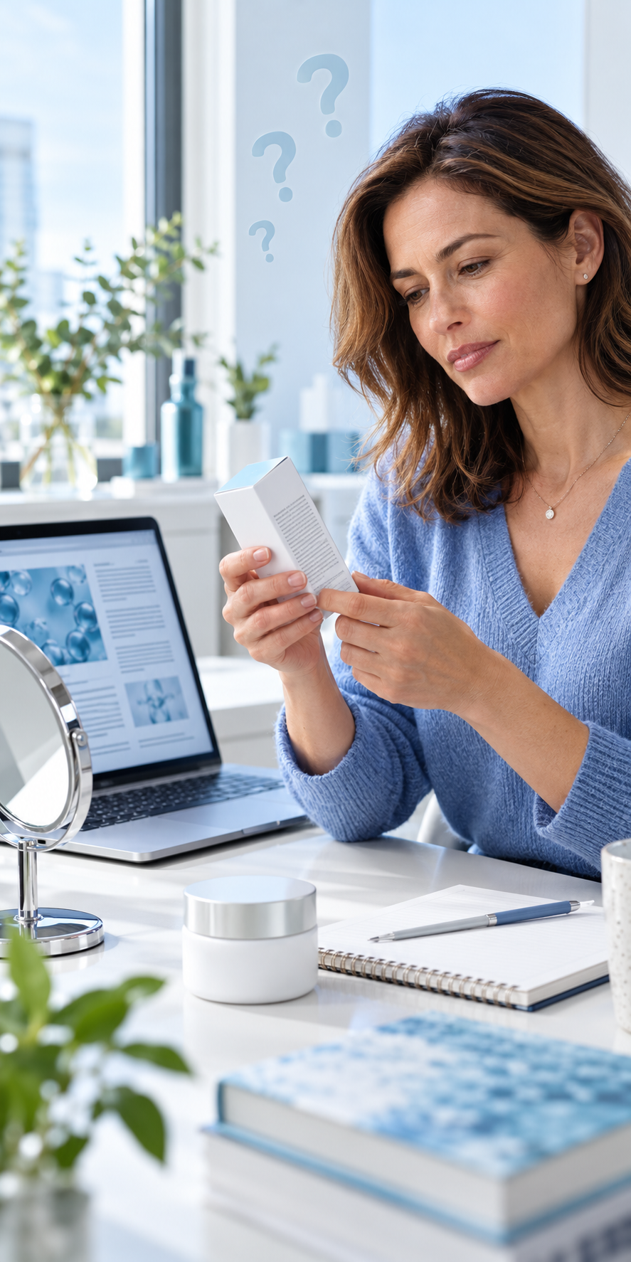 A reader evaluating a cosmetic ingredient list and skincare information.