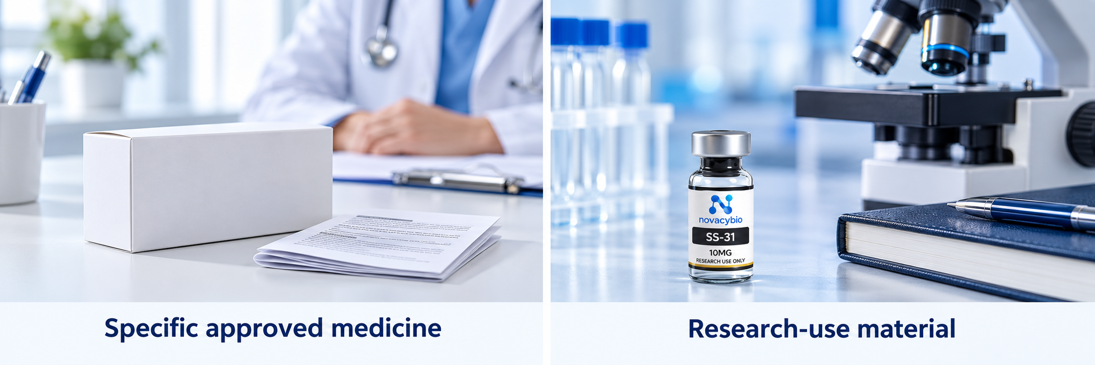 Separate illustrative medicine and laboratory research-material scenes; these products are not interchangeable.
