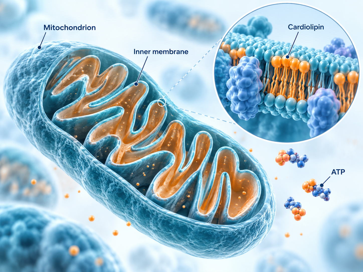 Conceptual mitochondrion with inner membrane, cardiolipin and ATP labels.