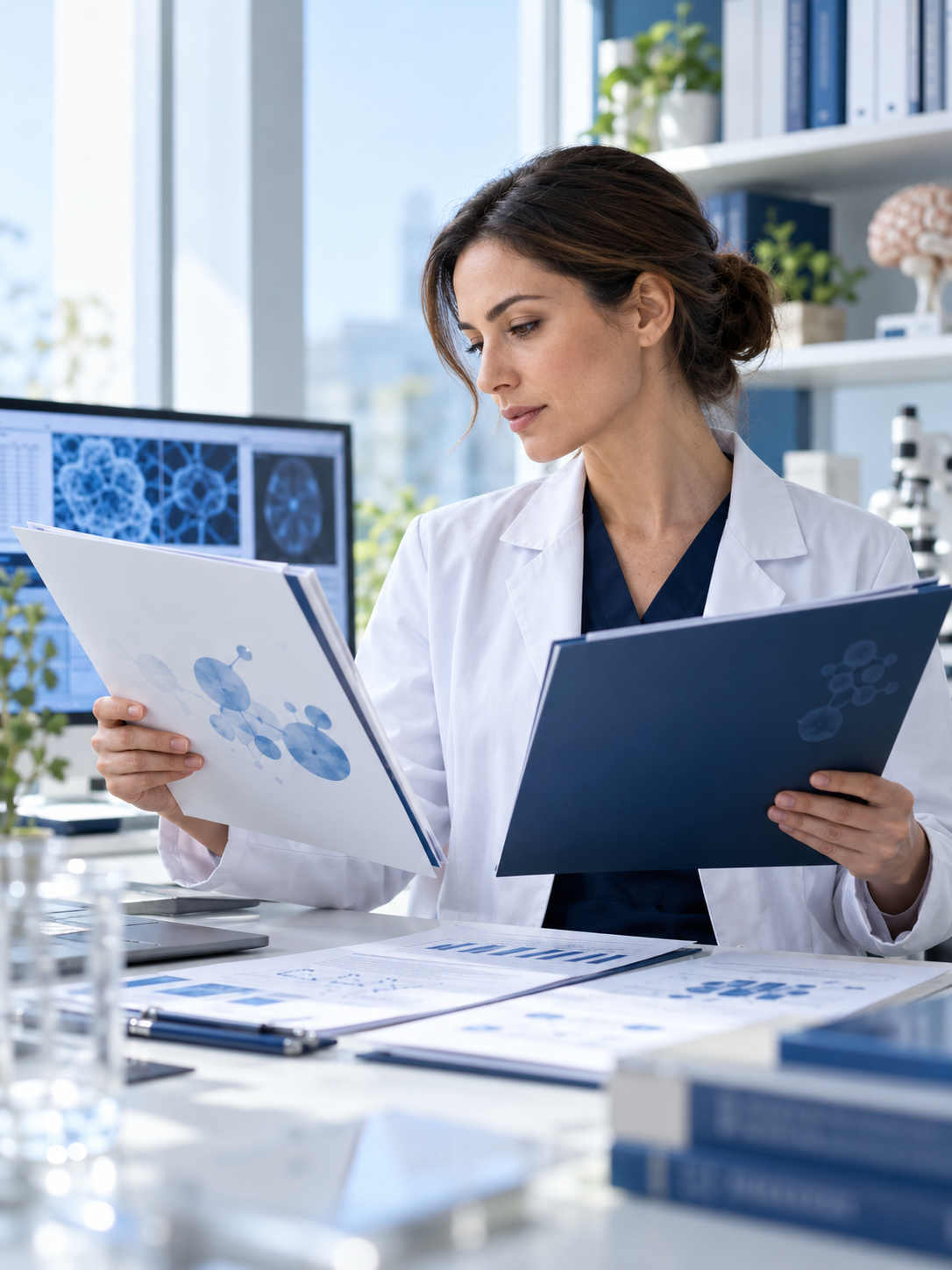 A scientist reviewing research documents.