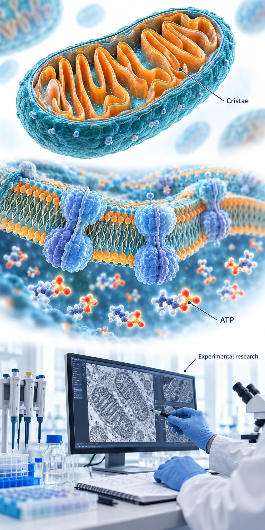 Conceptual cristae, ATP and experimental laboratory research, arranged vertically.