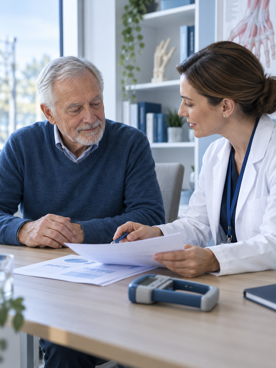 An older adult discussing research assessment documents with a clinician.