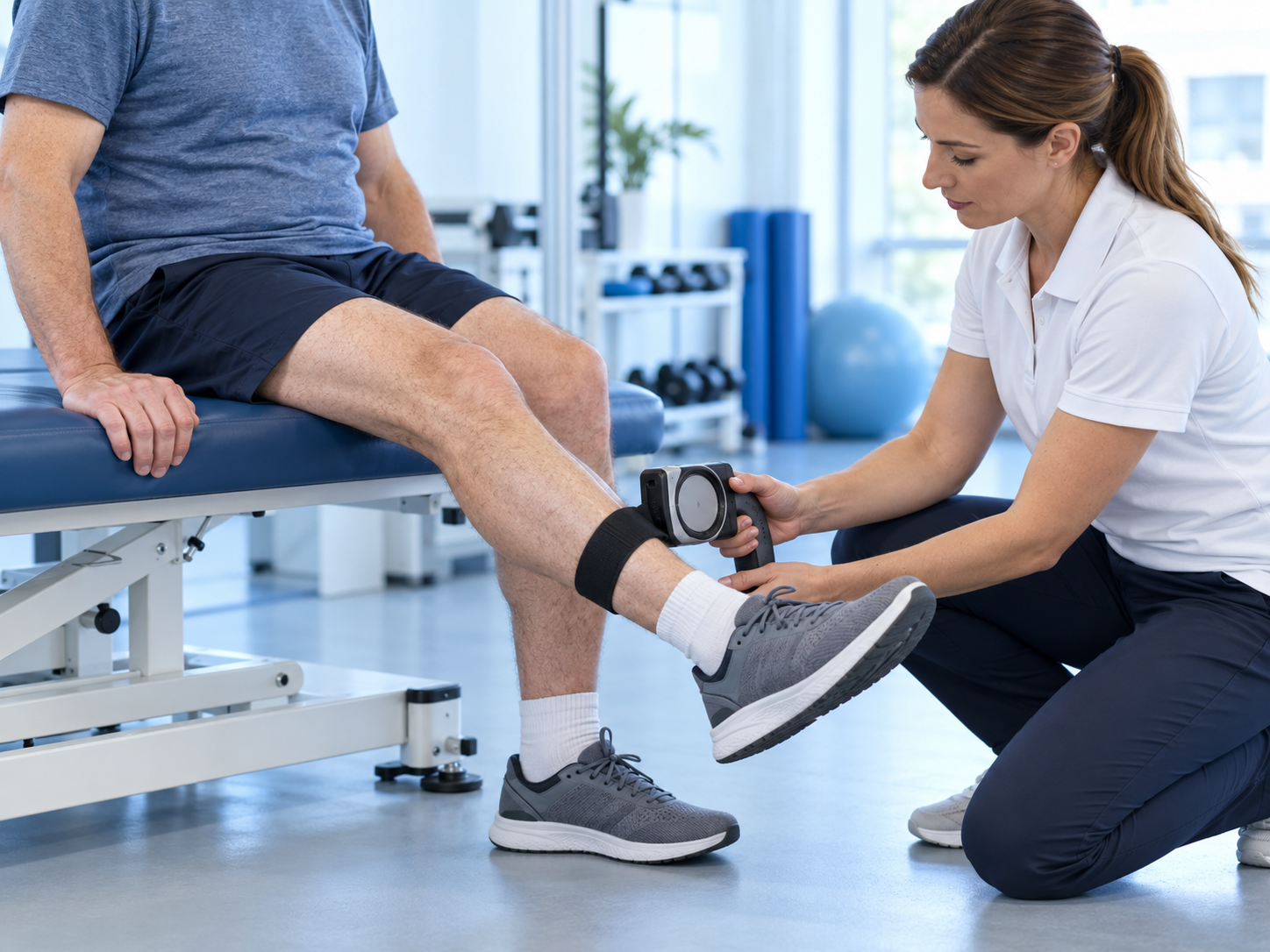 A clinician performing a noninvasive knee-extension strength assessment in an illustrative scene.