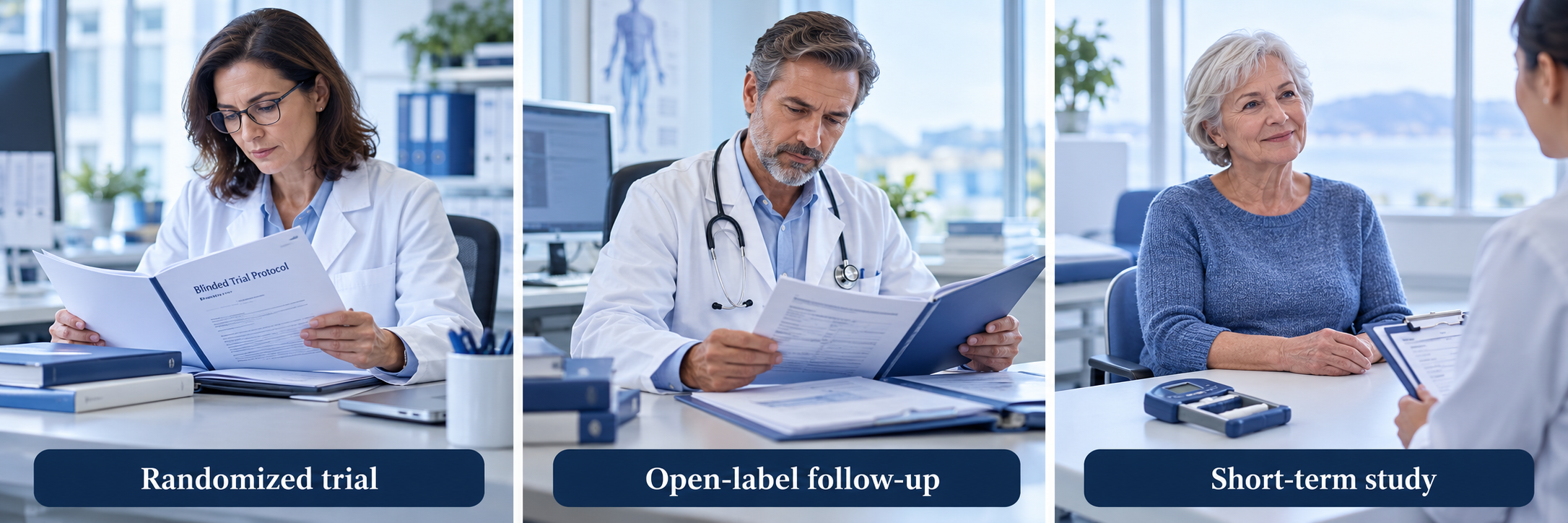 Illustrative randomized trial, open-label follow-up and short-term study settings.