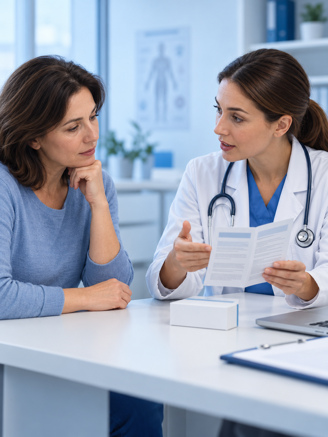 A clinician discussing medicine information with an adult patient.