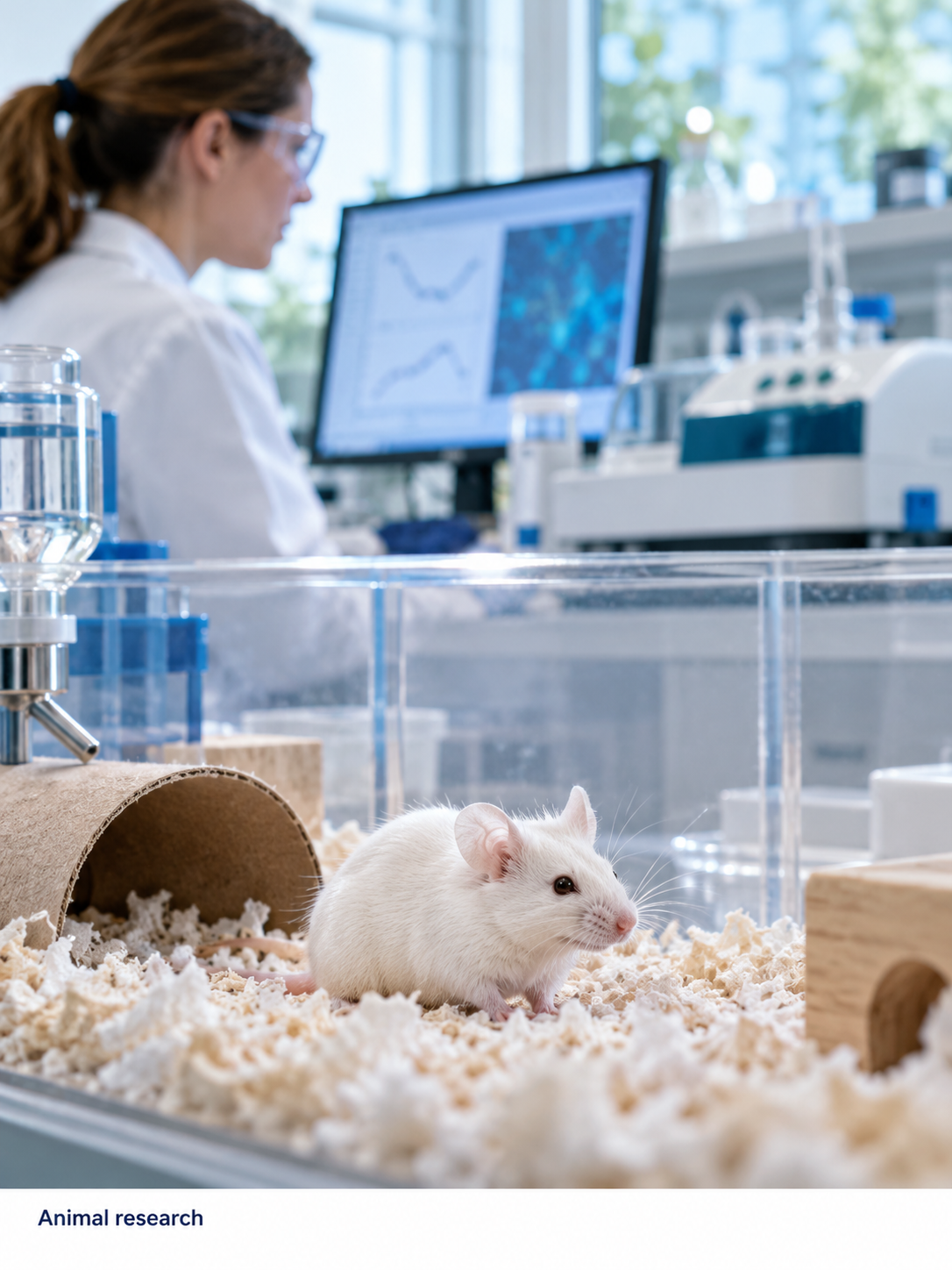 An illustrative laboratory mouse habitat with a researcher in the background, representing animal research rather than a human treatment benefit.