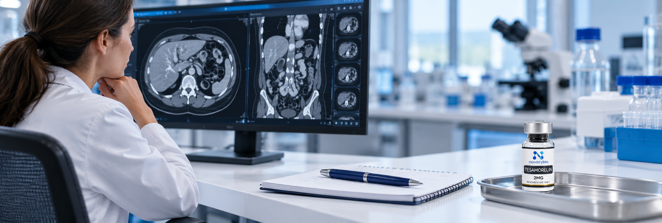 A radiology researcher reviewing illustrative abdominal imaging, with a separate NovaCyBio TESAMORELIN 2MG research vial on a tray.
