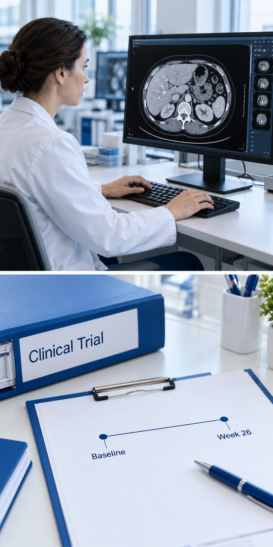 Radiology review and an illustrative baseline-to-week-26 clinical research timeline.