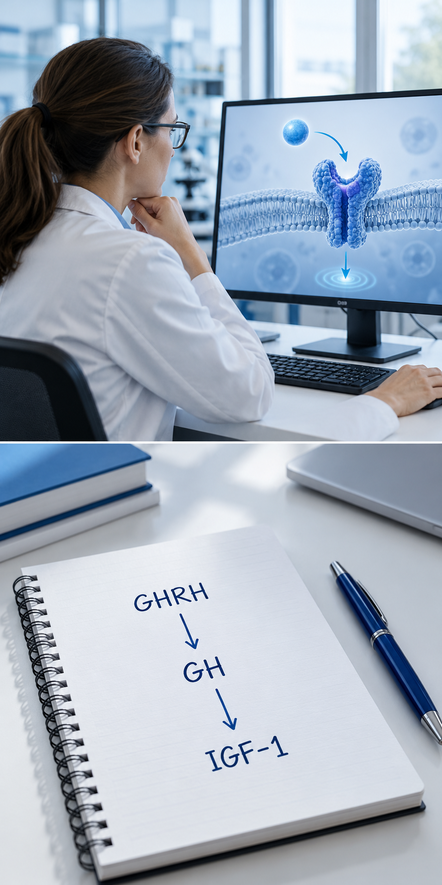 A laboratory scientist and a conceptual GHRH, GH and IGF-1 pathway notebook.