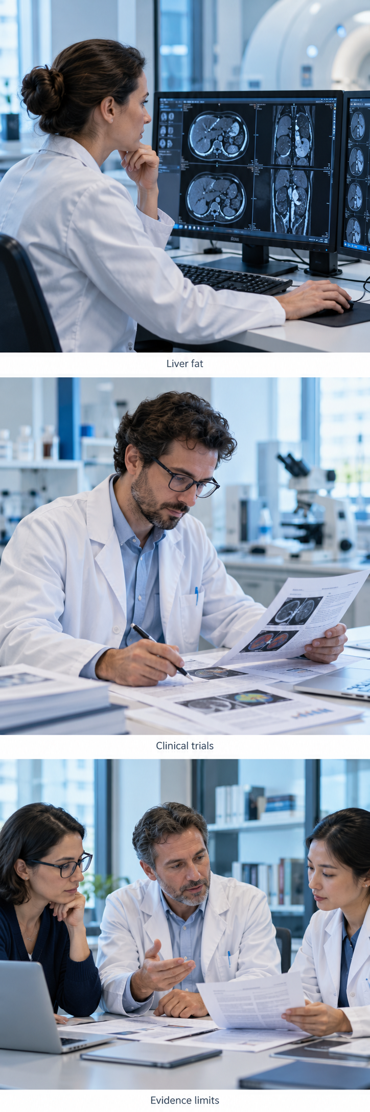 Separate scenes of liver imaging, clinical research and consideration of evidence limits.