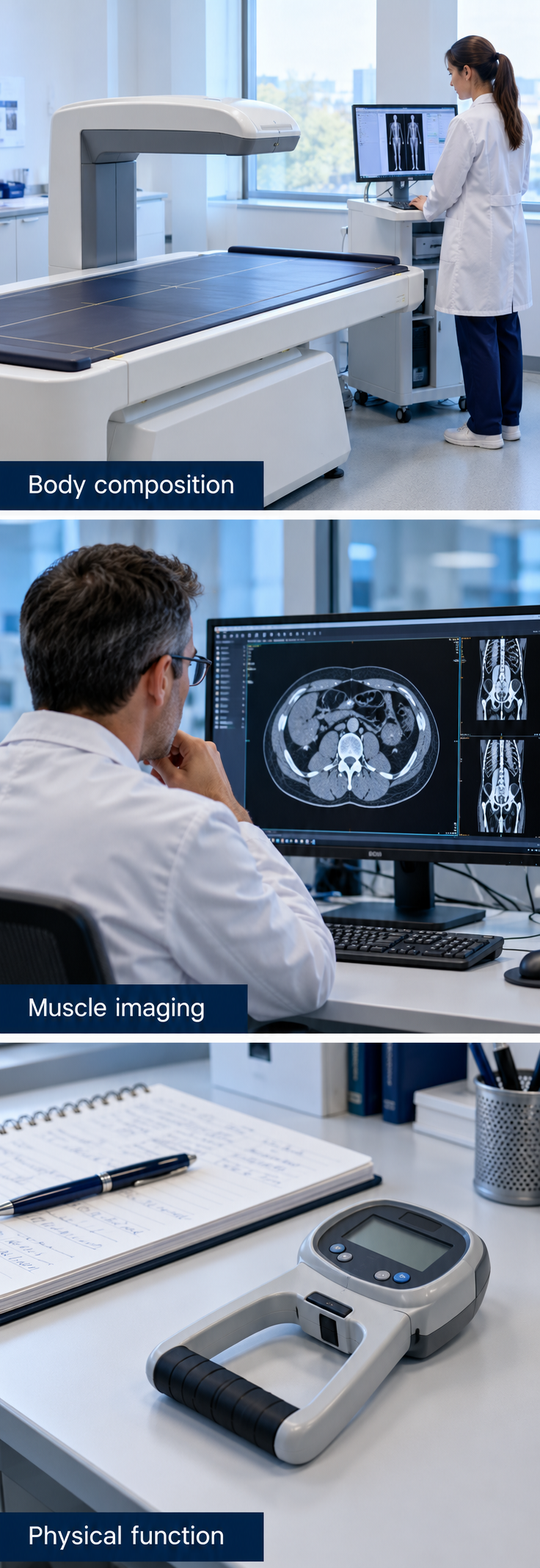 DXA body composition, muscle imaging and physical-function measurement shown as separate research contexts.