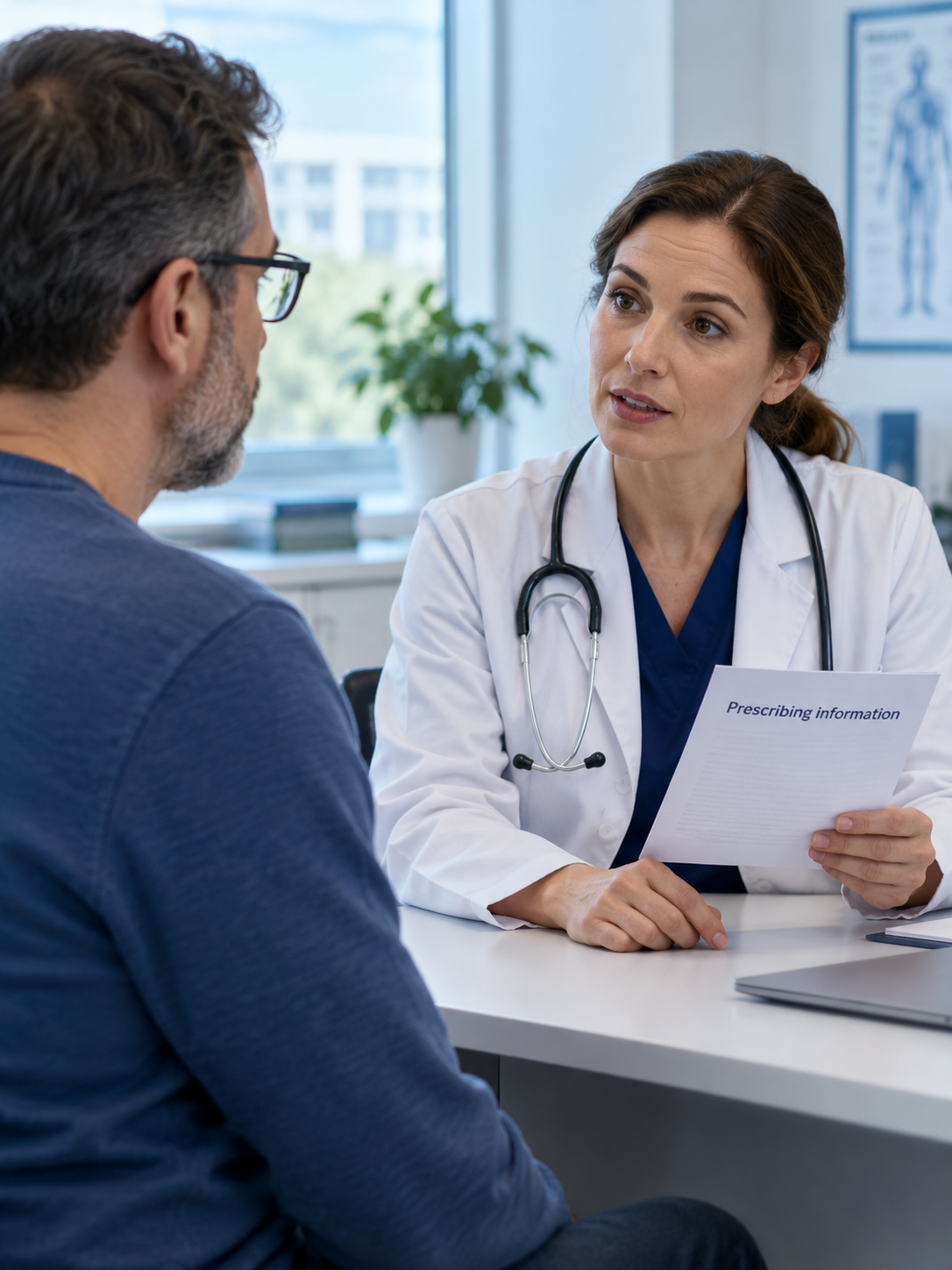 A clinician discussing prescribing information with an adult patient.