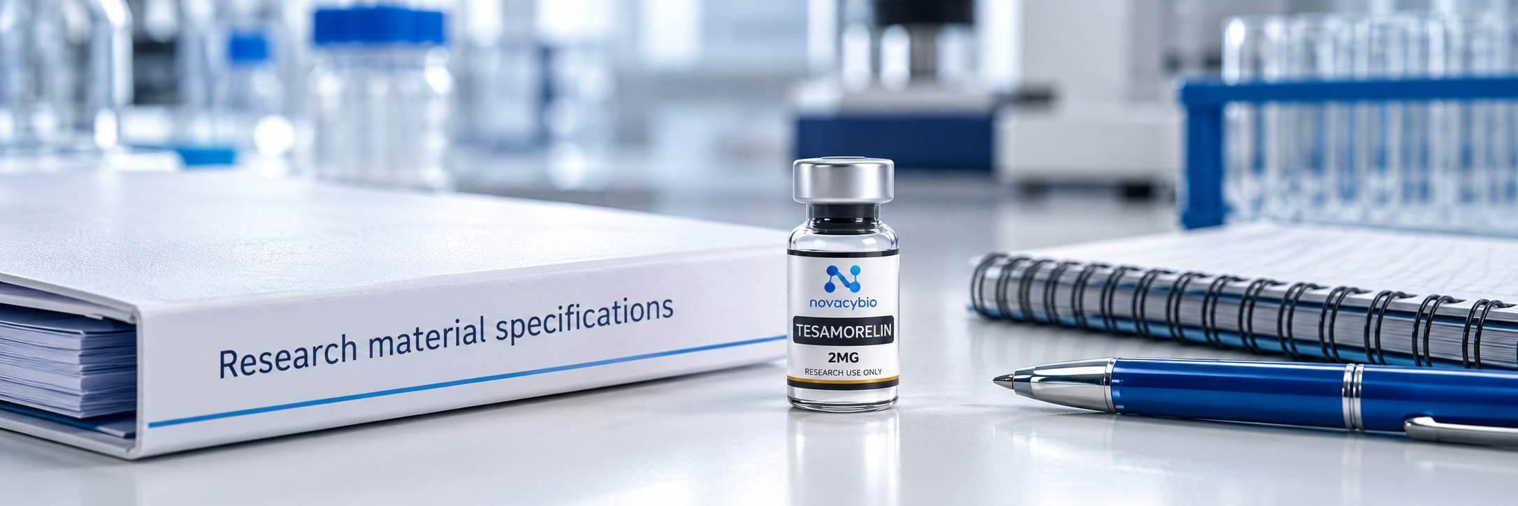 TESAMORELIN 2MG research material beside a specifications folder and a pen.